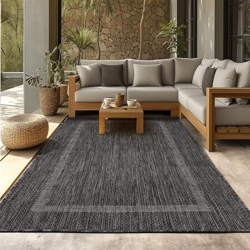 SIMPEX Outdoor Teppich Wetterfest 140x200 cm Schwarz Bordüre Design Flachgewebe Waschbar für Wohnzimmer Esszimmer Balkon Terrasse