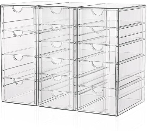 GoMaihe Organizador de Maquillaje con 15 Cajones, 3 Pcs Organizadores de Escritorio Acrílico Transparente, Almacenamiento de Cajones a Prueba de Polvo para Maquillaje, Joyas, Bolígrafos, Papelería