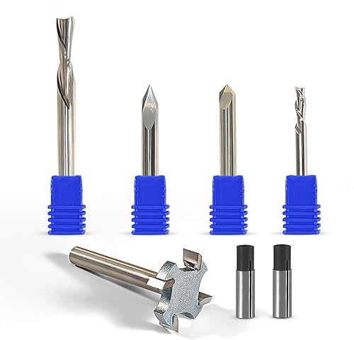 IDC Woodcraft Essential CNC Router BITS Starter Set - Top 5 Must-Have-Bits für CNC-Holzbearbeitungsprojekte - Vollhartmetall-CNC-Bits für 1/4-Zoll-Schaftfräsen - Bonusfeilen im Lieferumfang enthalten