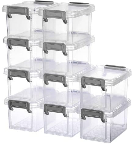 BSTKEY 10 Pcs Plastic Small Storage Containers With Lids, Clear Mini Stackable Organizer Box for Jewelry, Beads, Crafts, Household Utility