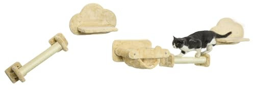 PawHut Katzen Kletterwand, 5-teiliges Katzentreppe mit 2 Kratzstämmen, 2 Plattformen, Klettern katzenkratzbaum mit Plüschbezug, Hängematte, für Innenräume, Beige