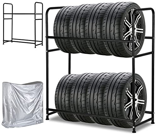 Ansobea Estantería para 8 Neumáticos - 107 x 46 x 117cm Soporte de Neumaticos - Capacidad de Carga de 180 kg - Altura Regulable Llanta metálica Soporte - para Garaje, sótano, Taller