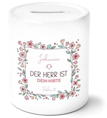SALT-and-LIGHT® Spardose personalisiert mit Namen | Christliches Geschenk Sparschwein Keramik Geschenkidee für Erwachsene, Kinder | Der Herr ist dein Hirte | mug-christA-57