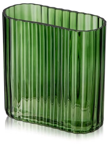 Gerippte Glasvase Deko, Blumenvase für Tischdeko, Moderne Transparent Vase für Wohnzimmer, Esstisch, Eingangsbereich, Kaminsims, Regal, Hochzeit, Büro, Grün