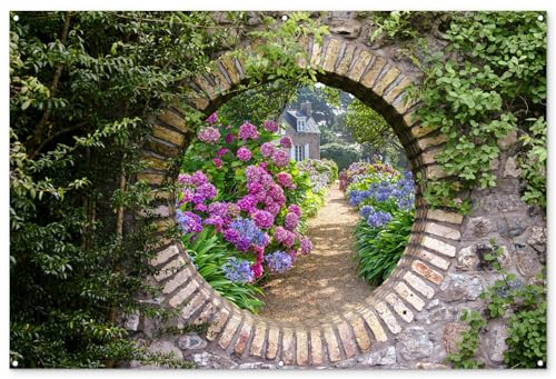 MuchoWow© Gartenposter Groß XXL Outdoor Bilder Gartendeko für draußen | 180x120 cm - Wetterfest Garten Deko Banner Bild Garden Decoration Fensterblick - Blumen - Hortensie - Sommer