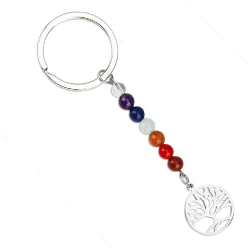 Schlüsselbund Natürlich Edelstein Lebensbaum, Schlüsselanhänger Perlen Bunt mit Lebensbaum Anhänger, Schlüsselanhänger Glücksbringer Damen Mädchen,Aesthetic Keychain,Lebensbaum Deko