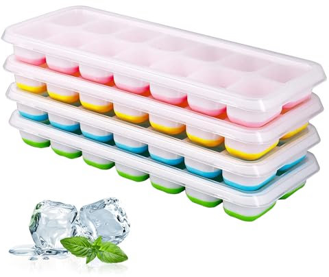 ZBHDEYG 4 moldes de silicona para cubitos de hielo con tapa, 14 rejillas, amarillo, azul, verde, rosa
