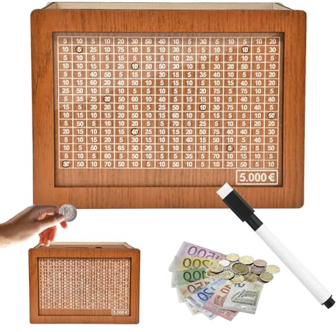 JWDMHSJ Spardose aus Holz, spardose mit zähler, sparbox mit Zahlen ankreuzen, sparschwein aus Holz mit zähler, Wiederverwendbare Spardose, für Erwachsene und Kinder mit Sparziel (5000€)