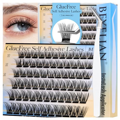 BEYELIAN Self Adhesive Lash Clusters D Curl, Press On Lashes Pre Glued Eyelash Extension Kit with Tweezer, 10-16mm 72 PCS No Glue No Remover Needed