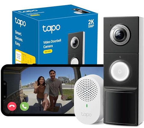Tapo D235(Renewed) 2K 5MP Doorbell Camera, Wireless 180°DFOV Ultra-Wide Video Doorbell Wireless or Wired, Battery 210 Day, Ring Chime Included,Head-to-Toe View IP66, TP-Link Free AI Detection