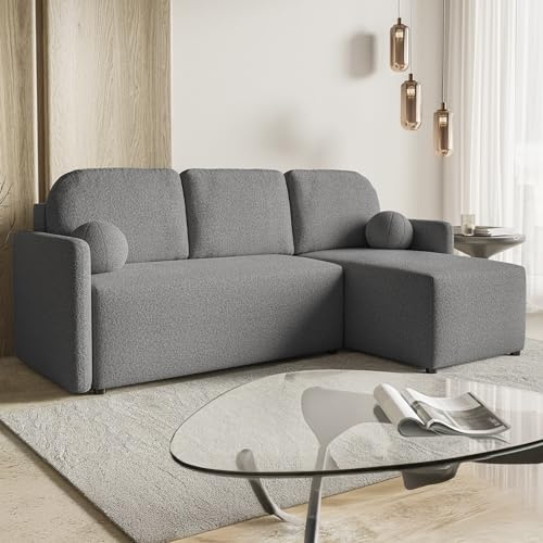 MOTIVENA Madera Ecksofa mit Schlaffunktion und Bettkasten, Sofa L Form, Eckcouch mit Schlaffunktion, Sofa 3 Sitzer, Schlafsofa mit Bettkasten, L Couch, Cloud Couch L Form, Boucle Sofa Grau Anthrazit