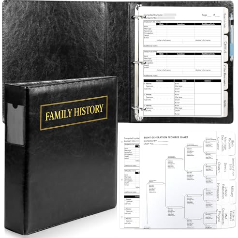 Classeur d'histoire familiale à 3 anneaux, 50 feuilles de groupe familial de 12e génération, 16 feuilles, intercalaires généalogiques, tableau généalogique, fournitures généalogiques avec boucle pour