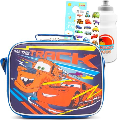 Disney Cars Lunch Box for Boys - Bundle with Insulated Lightning McQueen Lunch Bag Plus Stickers, Water Bottle, More | Disney Cars Lunchbox Set for Kids
