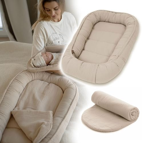 PALULLI® Baby Nestchen 100x60cm – Weiches Musselin-Babynest mit Matratze | Schlafnest, Kokon, Reisebett für Neugeborene | 100% Baumwolle (Beige)