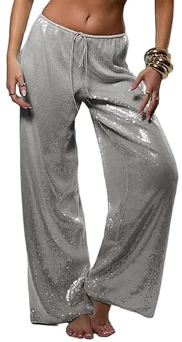 Acrawnni Y2K Damenhose mit Pailletten, elastischer Bund, Kordelzug, glitzernd, weites Bein, Disco-Hose, Party, Club, Tanz, gerades Bein, A-Silber, S