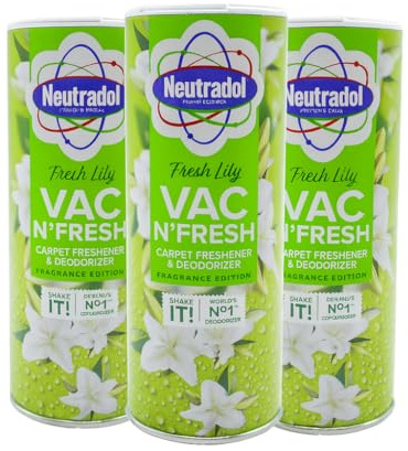 Neutradol Carpet Deodoriser, Vac Scents, Odour Neutraliser Powder for Carpets & Rugs, Fresh Lily Scent, Multipack of 3 x 350g | Eliminates Odours | Home Fragrance + EPISHED guide included