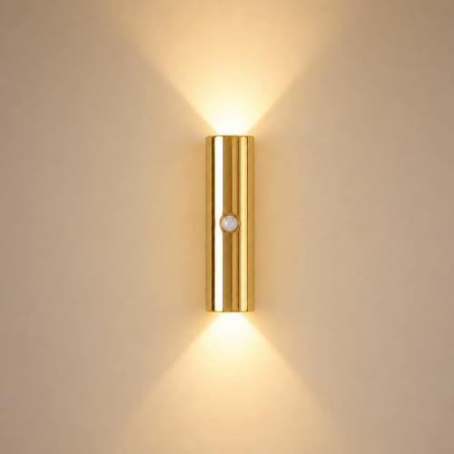 OOWDMPE LED Dimmbar Wandlampe Ohne Bohren Bewegungsmelder Innen Wandleuchte Ohne Otromanschluss 3000K/4000K/6000K Wiederaufladbare Wandbeleuchtung für Wohnzimmer Schlafzimmer Flur (Gold)