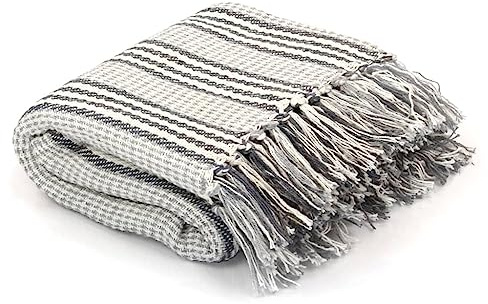 LoogCape Überwurf Baumwolle Streifen 220x250 cm Grau Weiß Kuscheldecke Bettdecke Tagesdecke Sofa Couch Plaid für Schlafzimmer Wohnzimmer Gästezimmer Kinderzimmer Camping Reise Winter Sommer