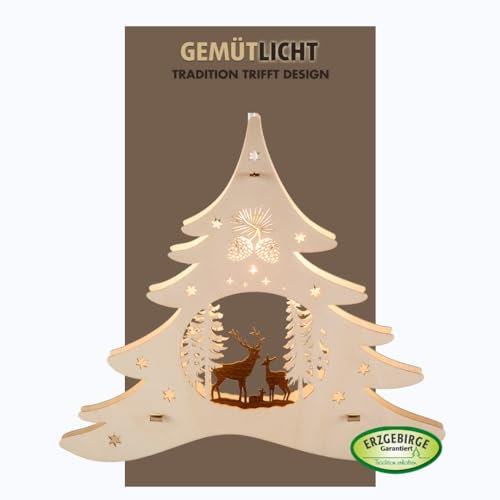 weigla - Fensterbild original Erzgebirge Tannenbaum Waldmotiv I Weihnachtsdeko Fenster I 1 Lampe I 7 W, E14 I Fensterbild Weihnachten I Weihnachtsbeleuchtung Holz I Fensterdeko hängend