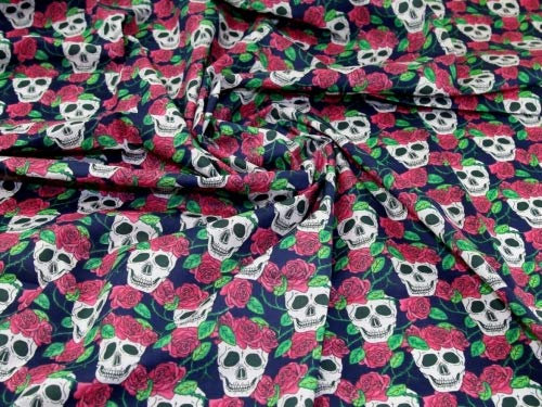 Bedruckter Polycotton-Stoff, Marineblau, Gothic, Totenköpfe, Meterware