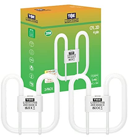 TBE LIGHTING 28w 2D 4-PIN CFL Energy Saving Lamps - DD Fluorescent Bulbs - 4-Pin GR10q Base Fittings - Long Life Lamp, Soft White 3500K (2-Pack)