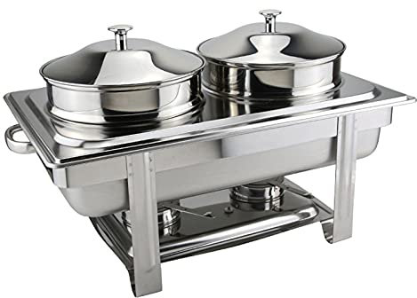 9L Buffet Food Warmer with Two Round Soup Pots, Stainless Steel Chafing Dish Buffet Set Steam Table for Catering and Restaurants, Fuel Heating, Polished