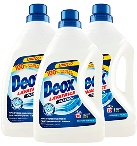 Deox - Detersivo Lavatrice Liquido Classico, Smacchia e Igienizza, con Formula Antiodore, 30 Lavaggi x 3 Confezioni