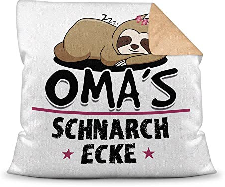 PR Print Royal Schnarch-Kissen - mit Spruch für Oma - Omas Schnarch-Ecke, Sabber-Kissen - Lustiges Geschenk für die Beste Oma, Geburtstag, Weihnachten - Farbkissen Rückseite Mokka, 40x40 cm