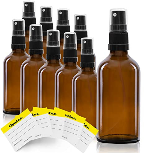Oputec Lot de 10 flacons vaporisateurs en verre de 50 ml avec vaporisateur + 10 étiquettes inscriptibles - Bouteilles en verre marron avec tête de pulvérisation fine - Bouteille de pulvérisation