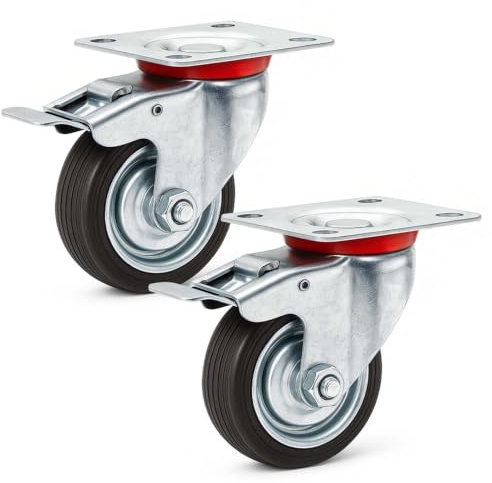 Wiltec Doppelstopp-Lenkrollen Set 2x Vollgummirad Transportrolle 75mm bis 50kg pro Rad mit Feststellbremse und Anbauplatte, leiser Lauf, Transportrollen Möbelrollen