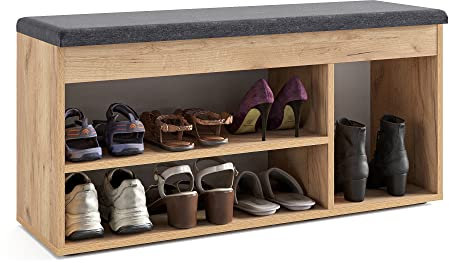 KOMTO Schuhschrank mit Sitzbank Flur - Schuhregal Bank mit Stauraum Schuhbank mit Sitzfläche | Garderobenbank Honig Eiche Sofia 100 x 48 x 32 cm