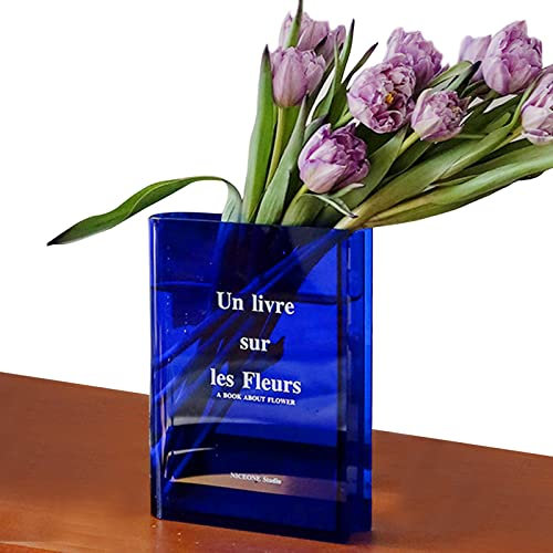 Kingbar Book Vase, Tulpenvase, Klare Buchblumenvase, Acryl-Büchervase, Transparente Vase Für Blumen, Tischdeko Wohnzimmer Für Blumenarrangements Und Heimdekoration, Blue