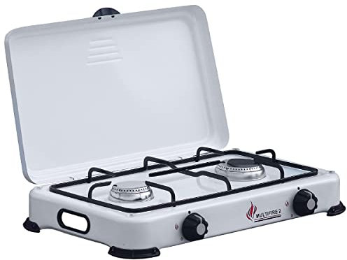 INTEC - Plaque de cuisson gaz portable 2 feux 3200W Réchaud à gaz butane ou propane Blanc laqué Couvercle