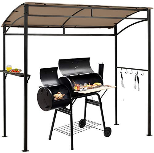 COSTWAY Abri Barbecue Exterieur de 216 cm Cadre en Métal Imperméable, Tonnelle Barbecue Exterieur avec Étagère de Service et Crochets de Rangement, Belvédère pour Jardin Cour (Marron)