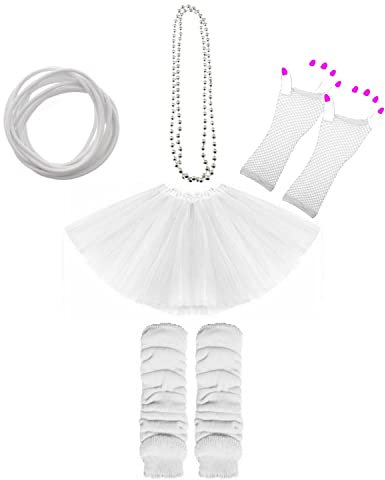 Lizzy 5Pc Neon Costume (Leg Warmers + Fishnet Gloves + 3Layer Tutu + Beads Necklace + Gummy Bracelet) Set | 80s Neon Teen Fancy Dress Dance ware Hen Party Accessory (White, Ladies)
