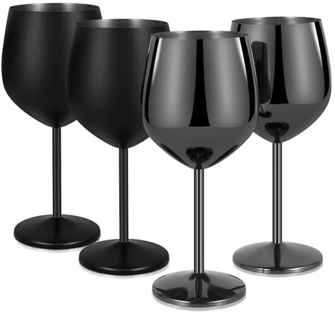 Livole Rotweingläser Set, 18Oz 550ml Weingläser aus Edelstahl, Champagner Gläser, Pokale Groß Bauchig, Cocktailgläser mit Stiel, Wine Glass Set für Cocktails, Mattes Schwarz und Schwarz (4er Pack)