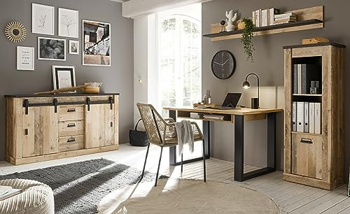 Büromöbel komplett Set in Holz Used Wood hell und anthrazit mit Aktenregal, Kommode, Wandregal und Schreibtisch im industriellen Arbeitszimmer Einrichtung Design Stove