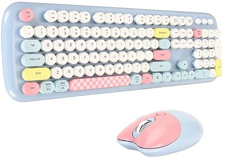 Jectse Ensemble Clavier et Souris sans Fil, Machine à écrire Colorée à 84 Touches, Clavier Kawaii et Souris Chat Mignon Silencieuse, Combinaison Clavier et Souris de Couleurs Mélangées
