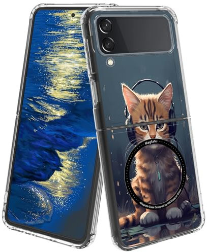 for Samsung Z Flip 3 5G Clear Case 6.7 MagSafe Slim Transparent Cover with Cat with Headphones Pattern Design Shockproof Protective Case for Samsung Galaxy Z Flip 3 2021