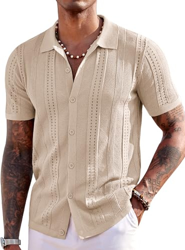 COOFANDY Men's Knit Shirts Short Sleeve Button Up Polo Shirt Fashion Casual Summer Beach Shirts, Apricot, Large