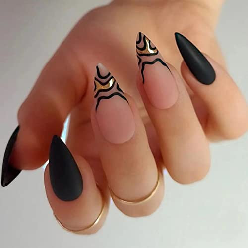 JUSTOTRY 24 Pcs Matte Black Stiletto Press on Nails Short Designs,Pink False Nails Oval,French Almond Stick on Nails for Women and Teens,Swirl Fake Nail for Nail Art