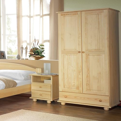 Meble Doktór Kleiderschrank Classic 100 aus Holz 180x103x60 cm mit Schublade - 4 Regale – Halber und Halber Kleiderschrank - mit Kleiderstange - Lackierte Naturkiefer