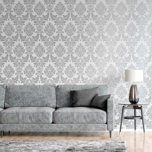 SOPHIE LAURENCE Silver & Grey Floral Damask Wallpaper - Vintage Retro Metallic Finish - Sample