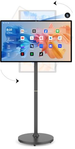 BFSign TV portátil de 32 pulgadas con ruedas, 8G + 128G, CPU Qualcomm de 8 núcleos, pantalla táctil inteligente con cámara web 4K extraíble, batería integrada de 1080p (6-8H), sistema operativo