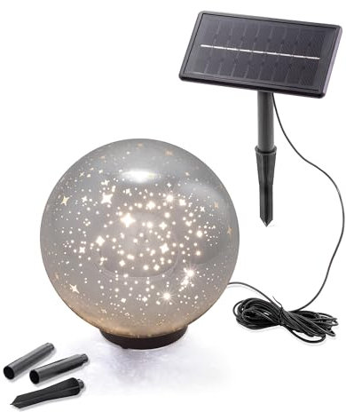 Esotec LED Solarkugel Magic Stars, D=20cm, Sterne Projektion, Farbe Silber, Akku, USB Ladekabel, 60 LEDs, Bodenleuchte, Dekoleuchte, Solarleuchte, Kugelleuchte, außen, wetterfest, Winterfest, 103010