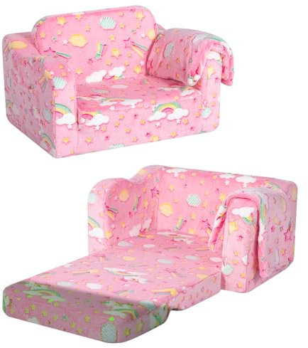 MeMoreCool Kindercouch, faltbarer Kleinkindstuhl, Bett, weicher Plüsch, ausklappbarer Kindersessel, Boden, Mini-Sofa, leuchtet im Dunkeln, bequeme Baby-Liege für Mädchen und Jungen, buntes Einhorn