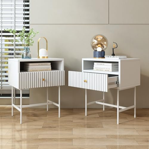 SEEDWAVE Nachttisch 48 cm Breit, Minimalistisches Gerilltes Nachtschrank mit Slience-Soft-Close Sliding Schubladen, Nachtkommode für Schlafzimmer Wohnzimmer(48W x 30D x 60H cm) (2, Weiß)