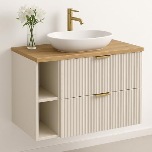 Wena Mobel Waschbeckenunterschrank Hängend 80 cm Breit | Waschtischunterschrank mit Schubladen | Badezimmerschrank unter Waschbecken | Hängeschränke fürs Bad (Kaschmirbeige/Walnuss)