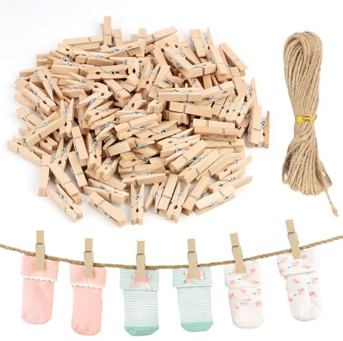 150 Pièces Mini Pinces à Linge Bois, Pince à Linge, 3,5cm avec Corde en Jute de 10m, Clips Polyvalents pour Accrocher Photos, Postkarten, Vêtements, Décoration DIY, Utilisation Diverse