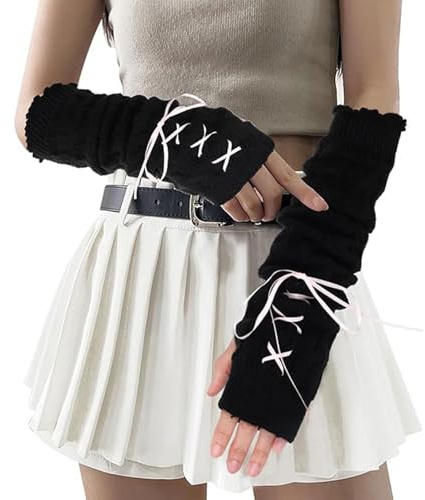 Muorruo Niedliche, fingerlose Y2K-Armstulpen im Harajuku-Stil für Damen und Mädchen, lange Modelle im japanischen Stil, modische Lotila-Armstulpen mit Daumenlöchern (Schwarz)